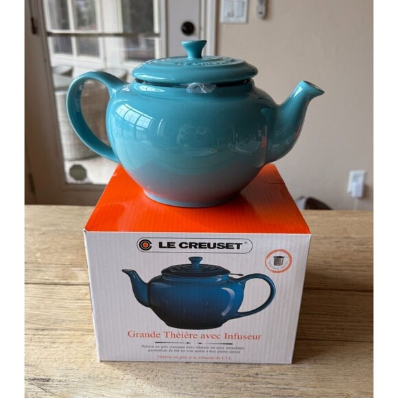Le Creuset Other - NEW Le Creuset Stoneware Large Round 44oz Teapot w/Infuser Turquoise Bl…